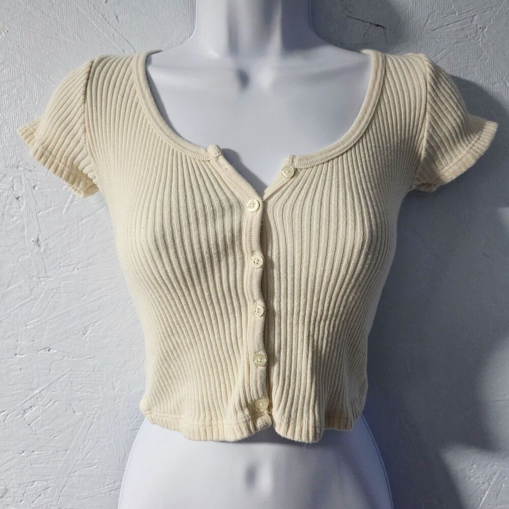 Brandy Melville Cream Henley Ribbed Knit Crop Top - XS